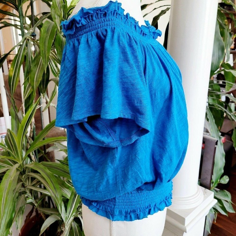 INC International Concepts Cotton Smocked Off Shoulder Peasant Top Sz Small Blue - Picture 3 of 7